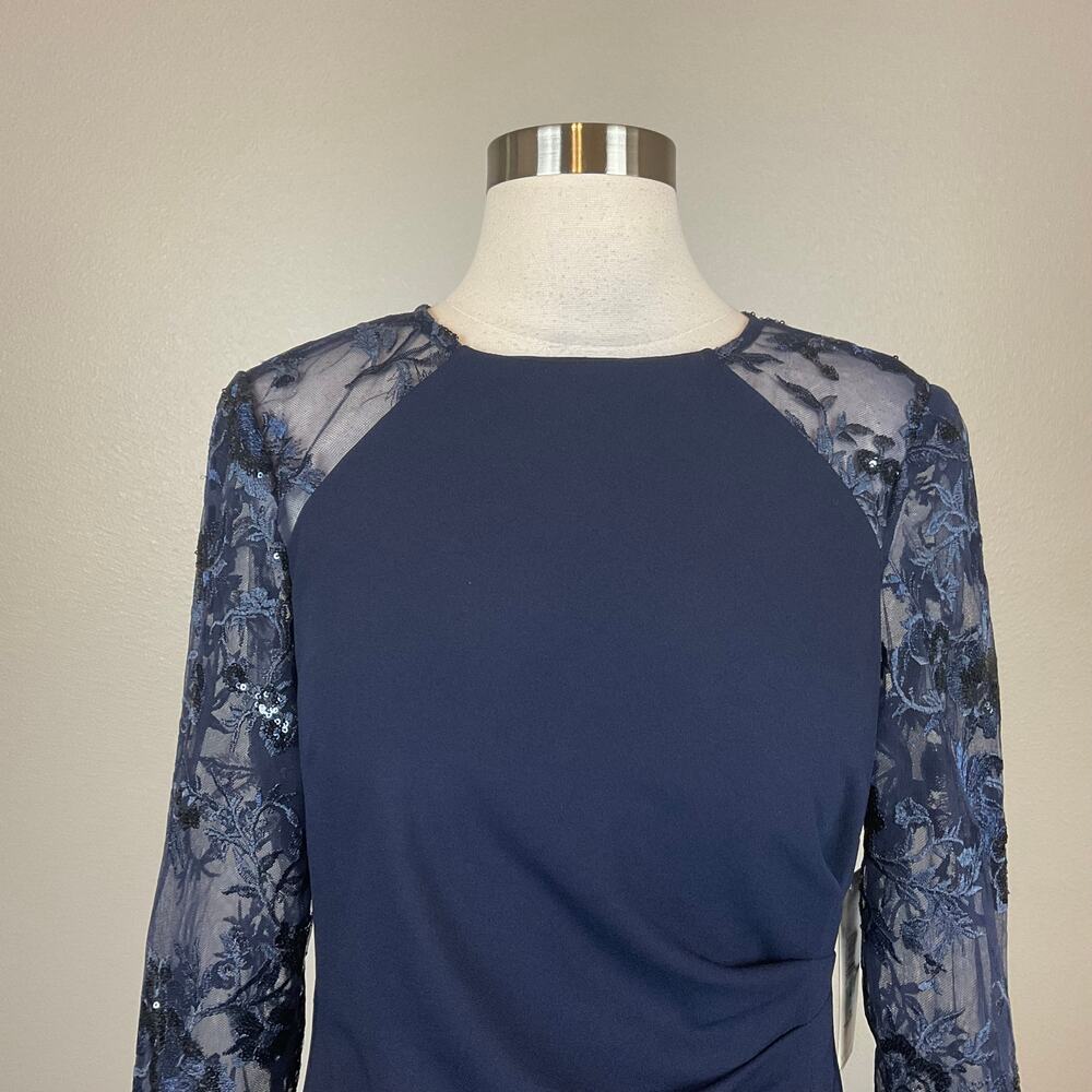 Eliza J Blue Evening Gown Sequined Lace Long Sleeve A-Line Formal Dress Size 14 - Picture 8 of 12
